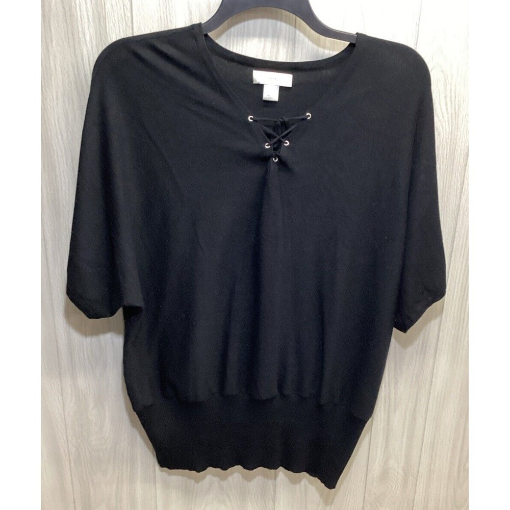 CJ BANKS Women's (Size 2X) Short Sleeve Lace Up Neck Sweater Rayon Polyester